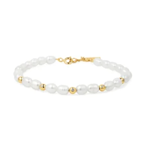 Bracelet en or orné de perles d'eau douce et de zircon cubique blanc