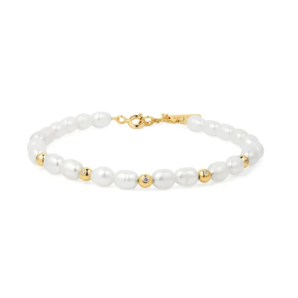 Bracelet en or orné de perles d'eau douce et de zircon cubique blanc